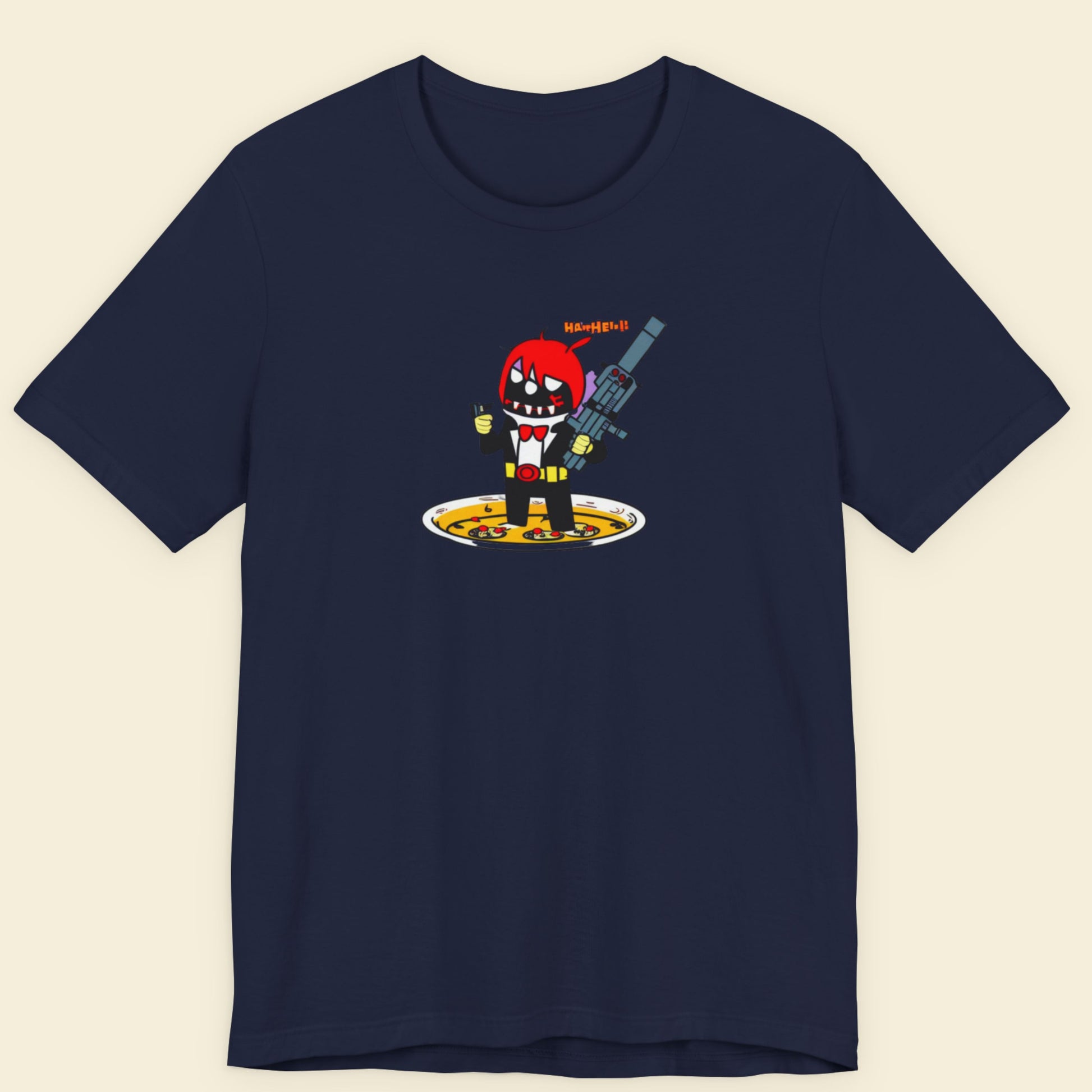 Navy blue t-shirt with a fun, colorful cartoon illustration on a beige background.