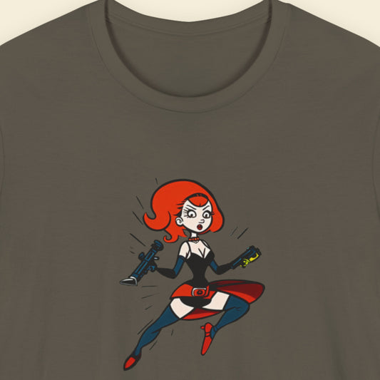 Army green t-shirt with a fun, colorful cartoon hero illustration on a beige background.