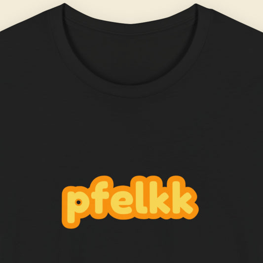Black tee with multicolored 'pfelkk' text on a beige background.