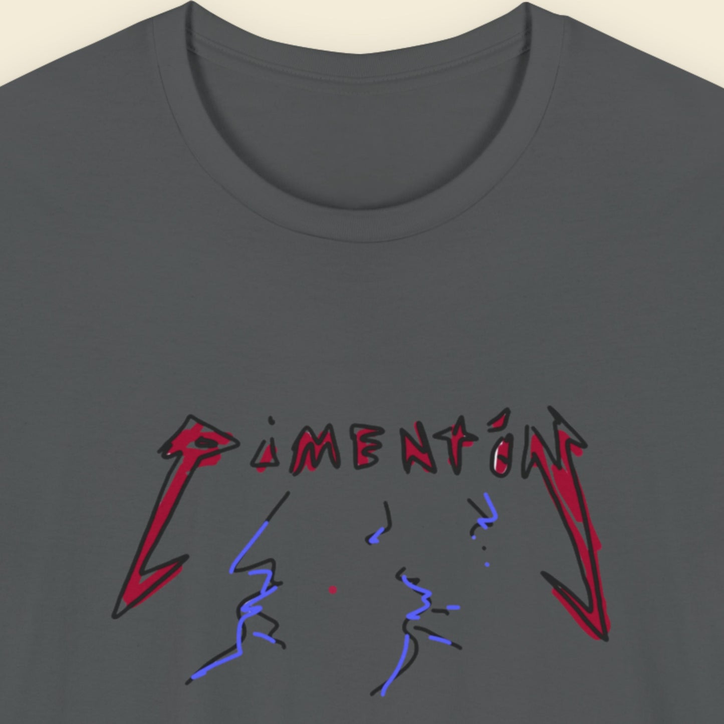 Dark grey t-shirt with a fun, colorful cartoon illustration on a beige background.