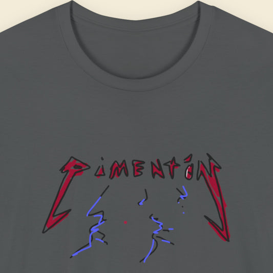 Dark grey t-shirt with a fun, colorful cartoon illustration on a beige background.