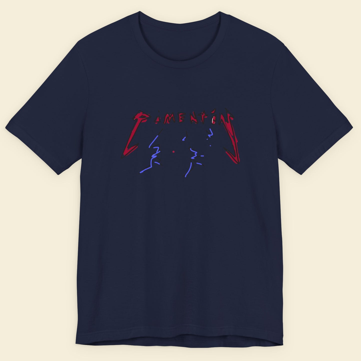 Navy blue t-shirt with red and blue graphic design on a beige background.