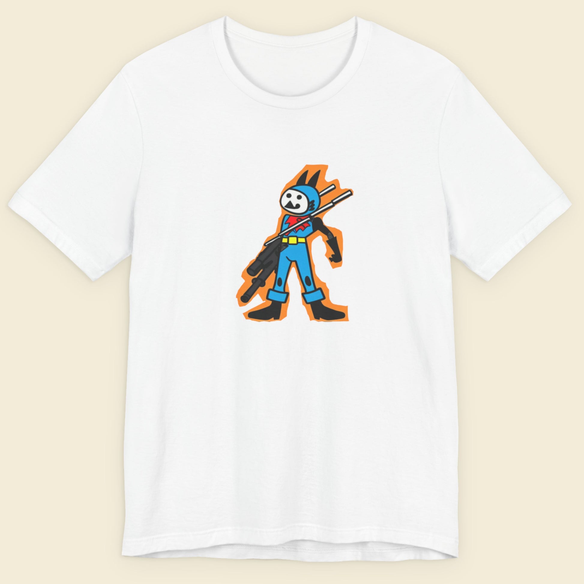 White t-shirt with a fun, colorful cartoon hero illustration on a beige background.