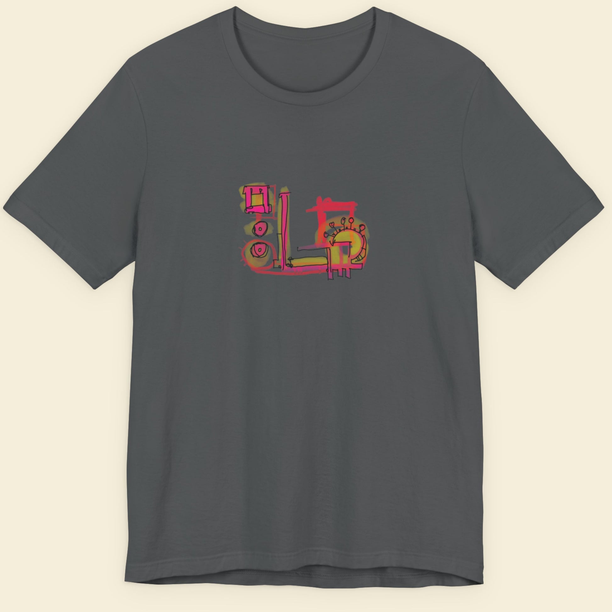 Grey t-shirt with a colorful abstract graffiti drawing on a beige background.