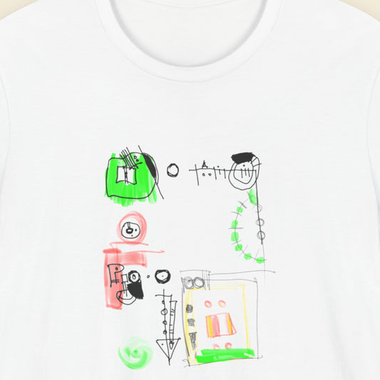 White shirt with a colorful abstract drawing on a beige background.