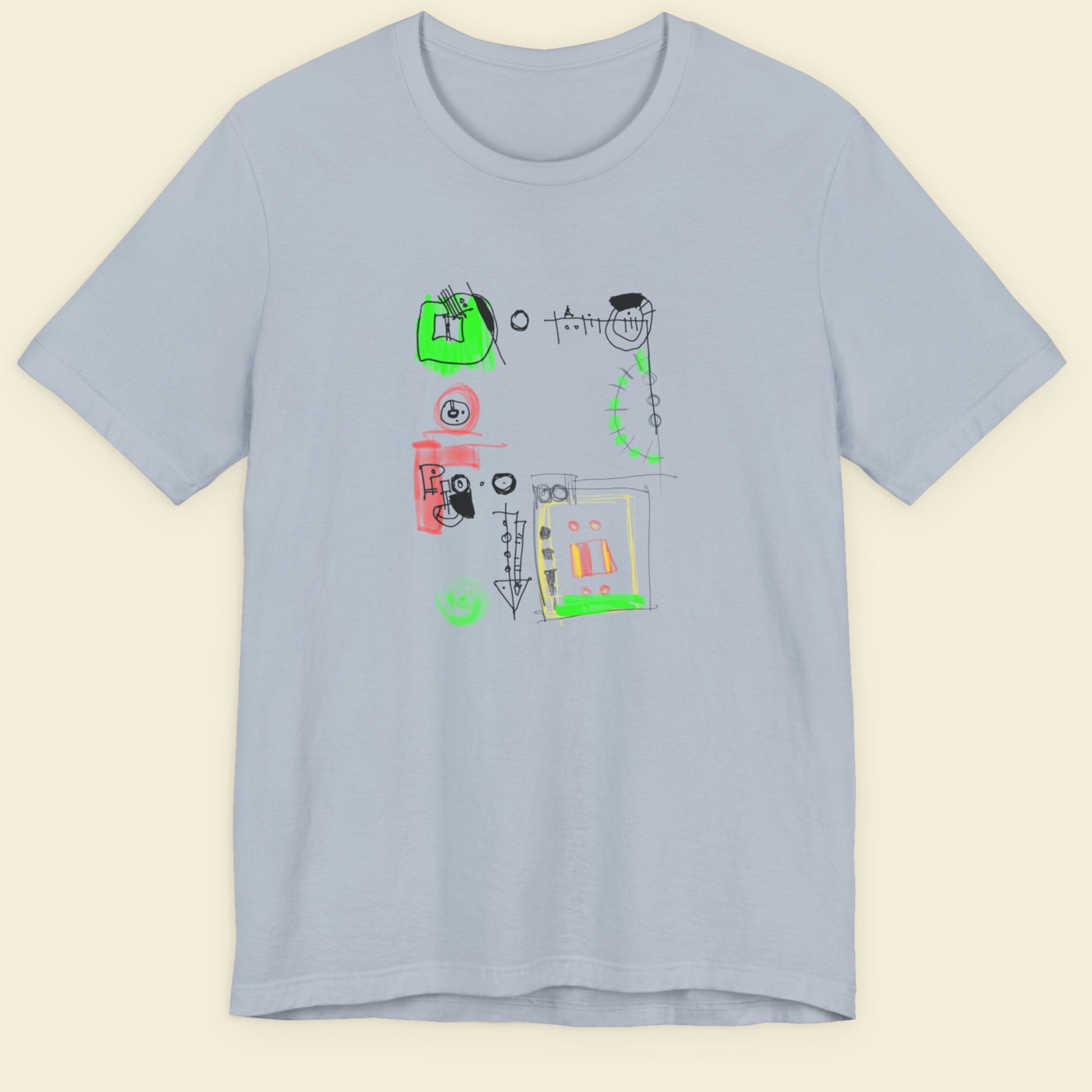 Light blue t-shirt with colorful graphic design on a beige background
