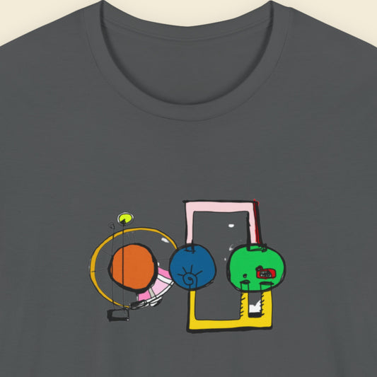 Grey t-shirt with a colorful abstract drawing on a beige background.