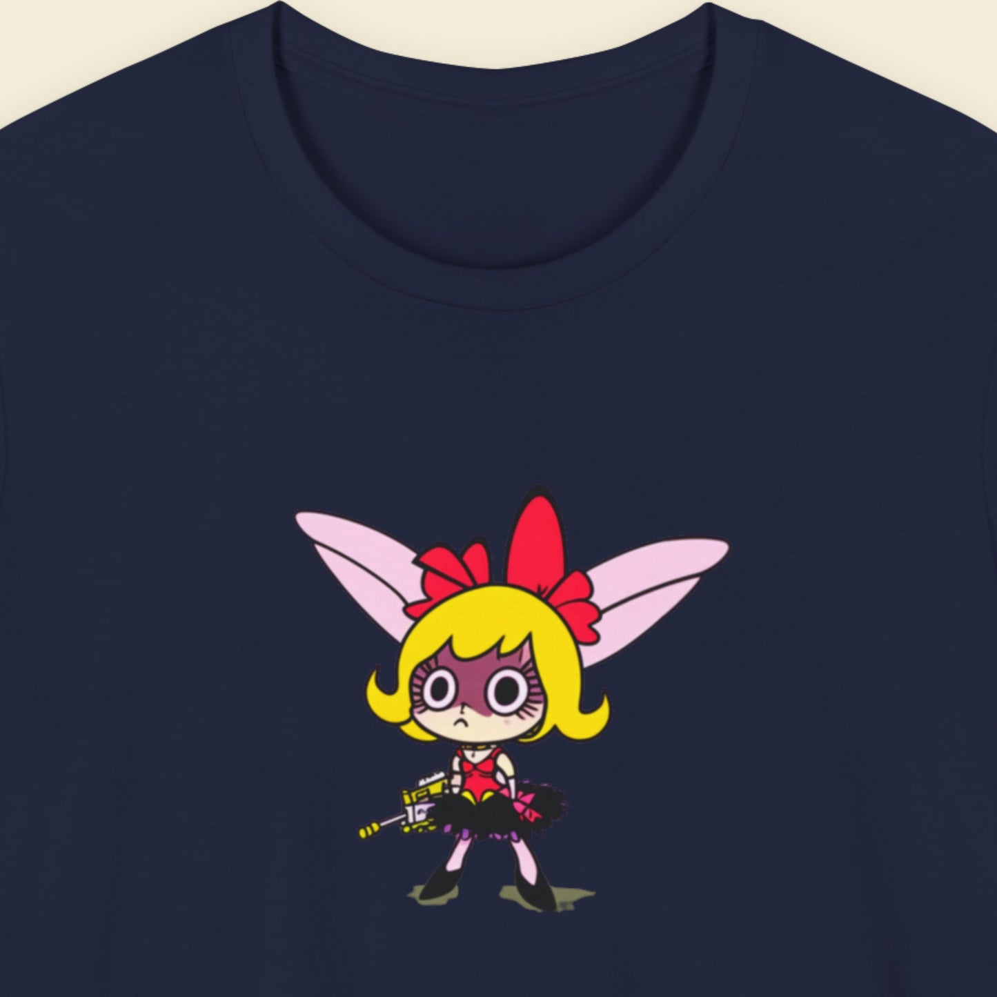 Navy blue t-shirt with a fun, colorful cartoon illustration on a beige background.