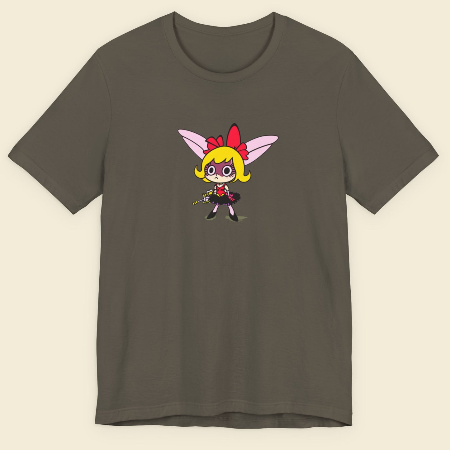 Army green t-shirt with a fun, colorful cartoon illustration on a beige background.
