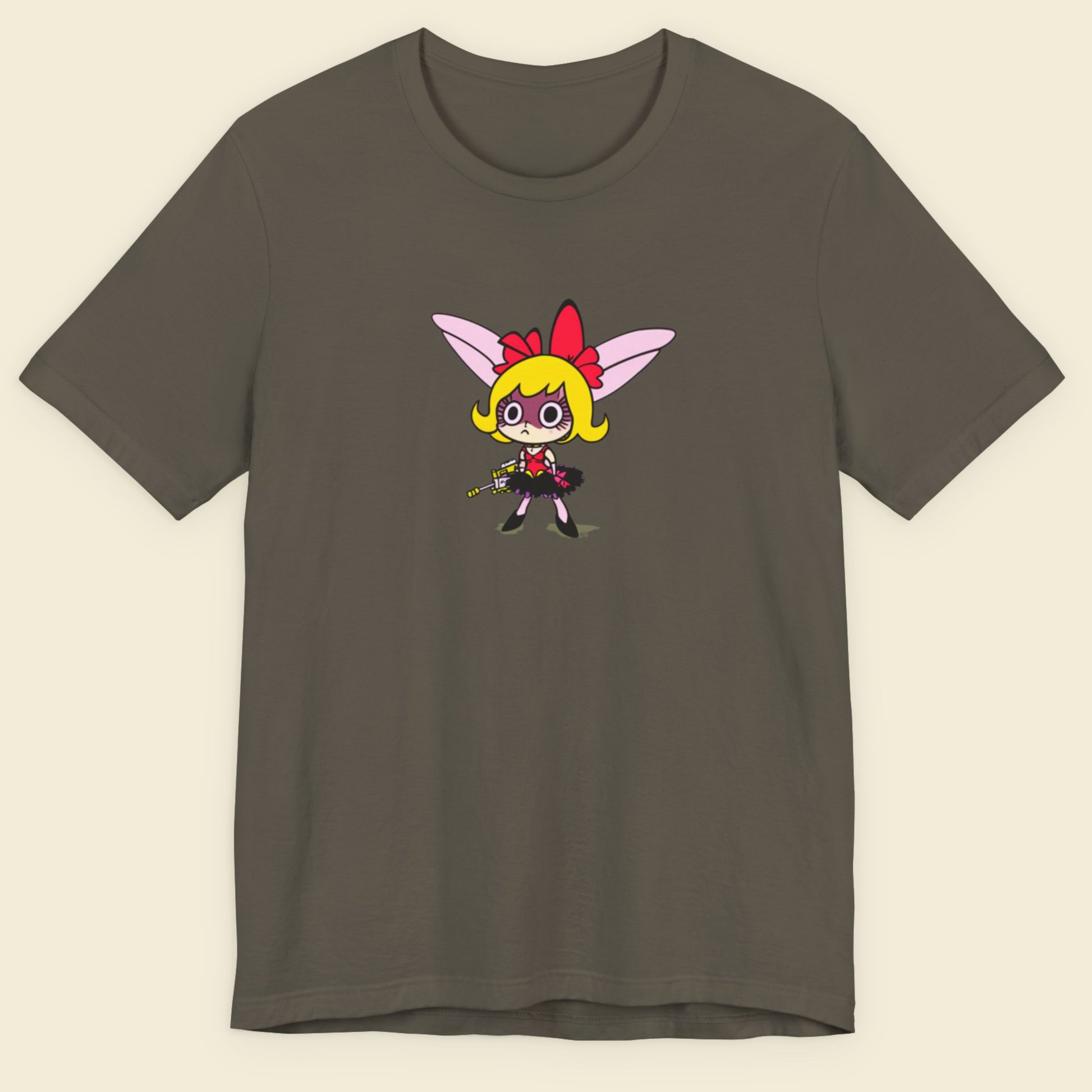 Army green t-shirt with a fun, colorful cartoon illustration on a beige background.