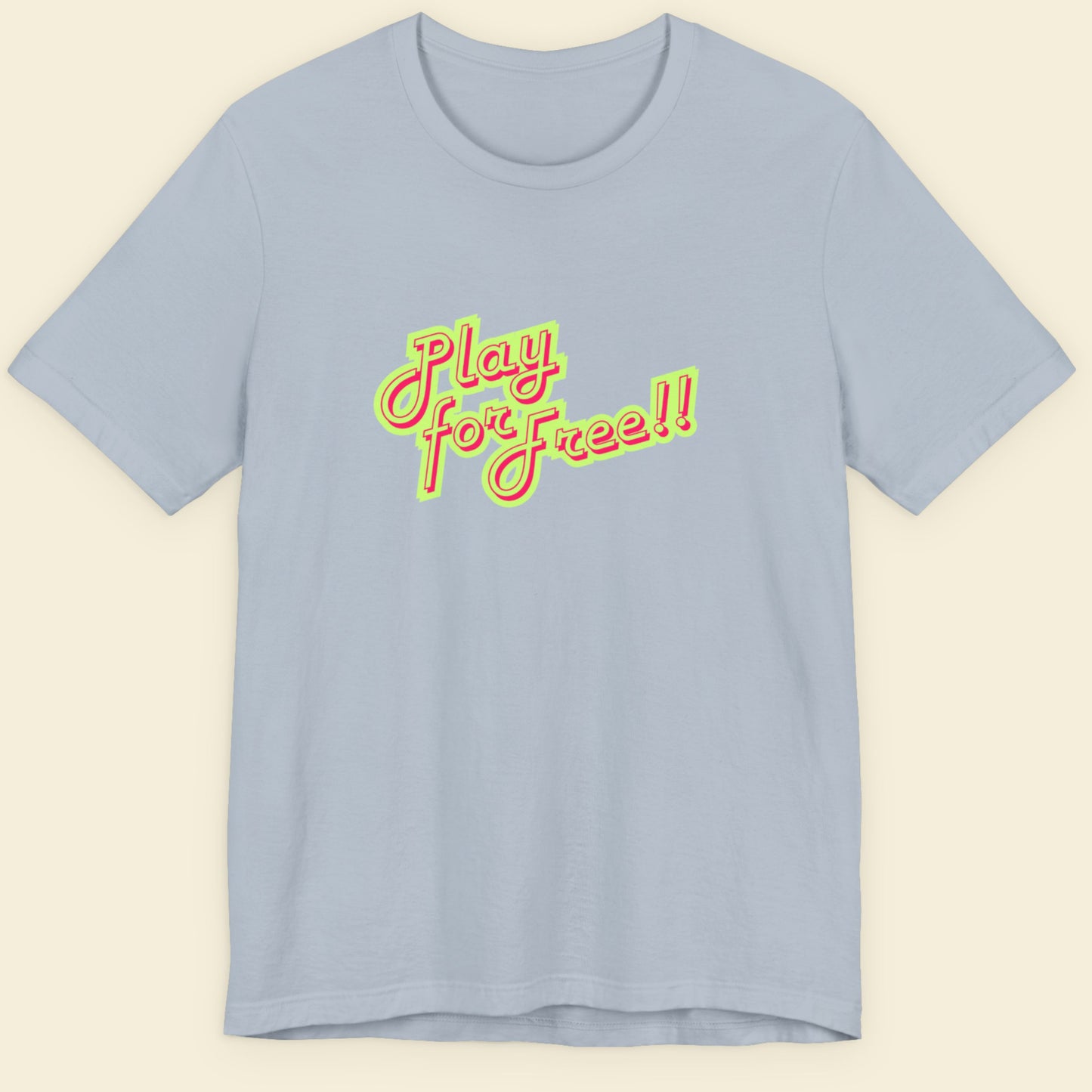 Light blue t-shirt with red and green text on a beige background.
