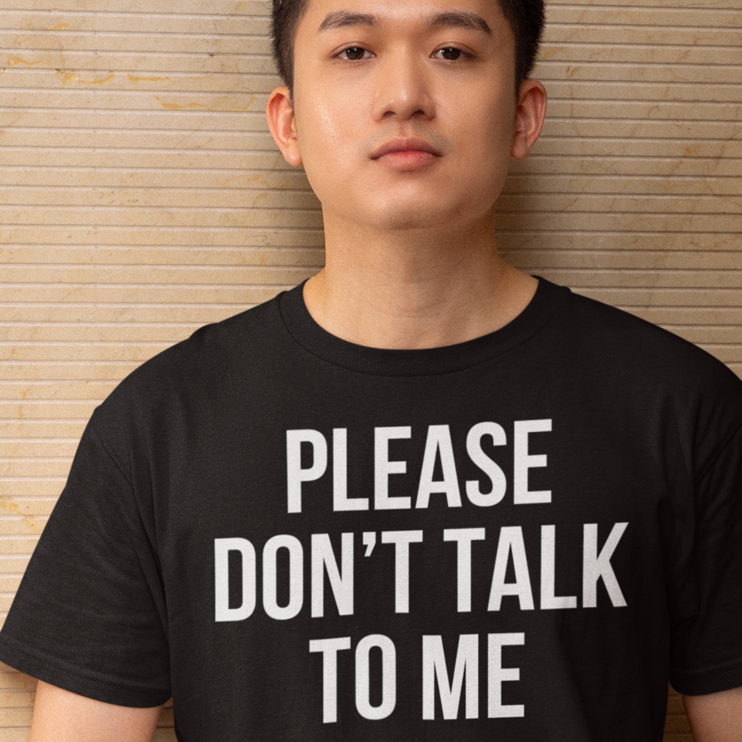 Please don't talk to me text t-shirt black minimalist design model
