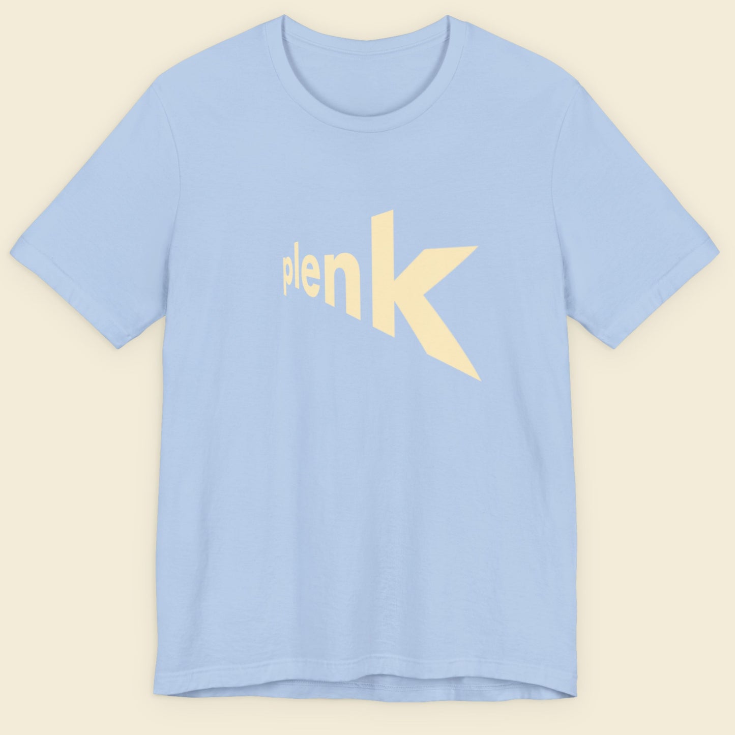 Light blue t-shirt with yellow logo on a beige background