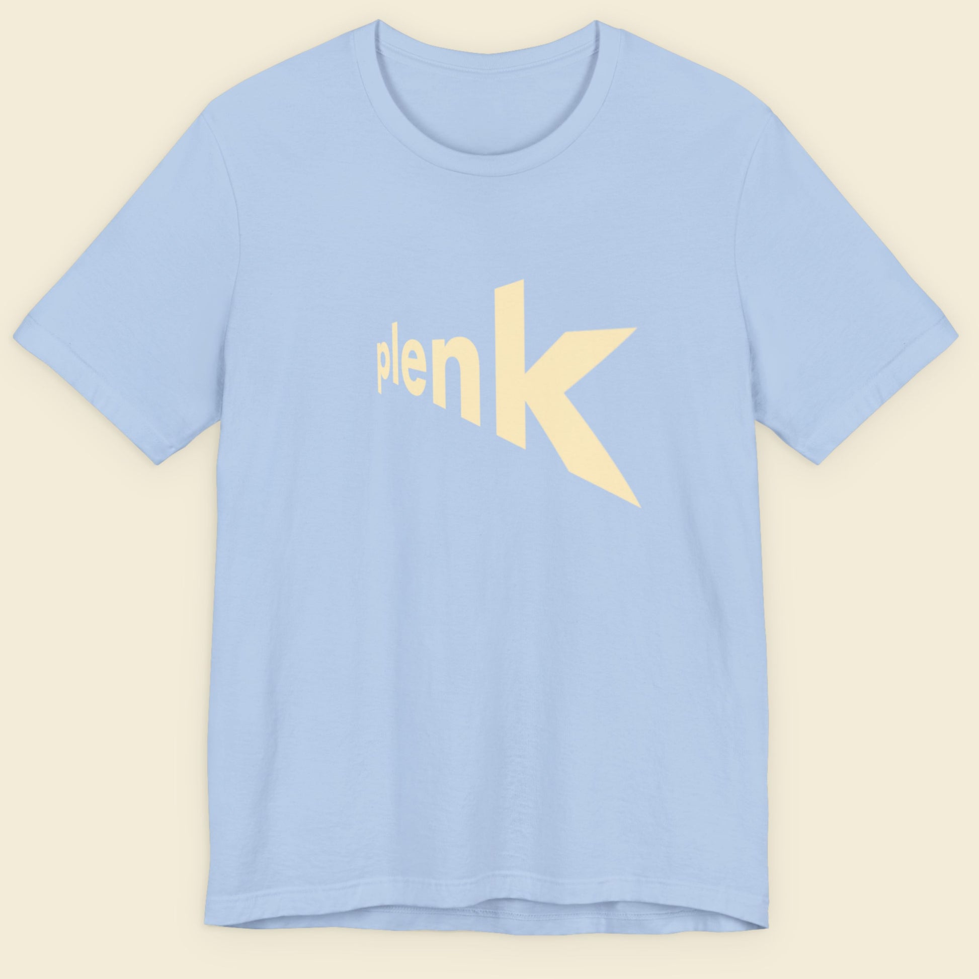 Light blue t-shirt with yellow logo on a beige background