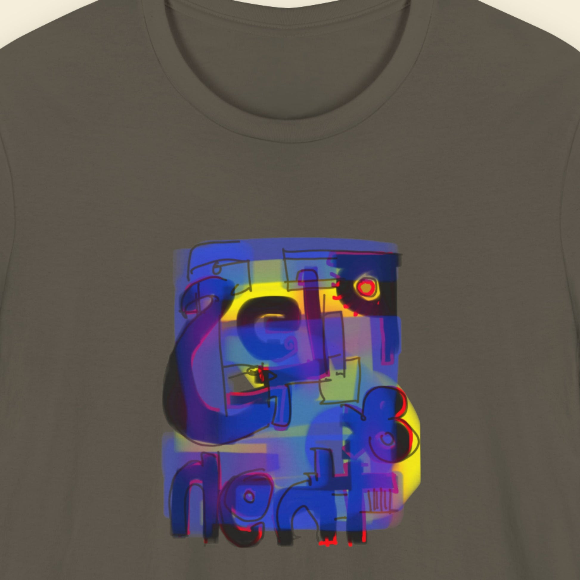 Army green t-shirt with a colorful abstract drawing on a beige background.
