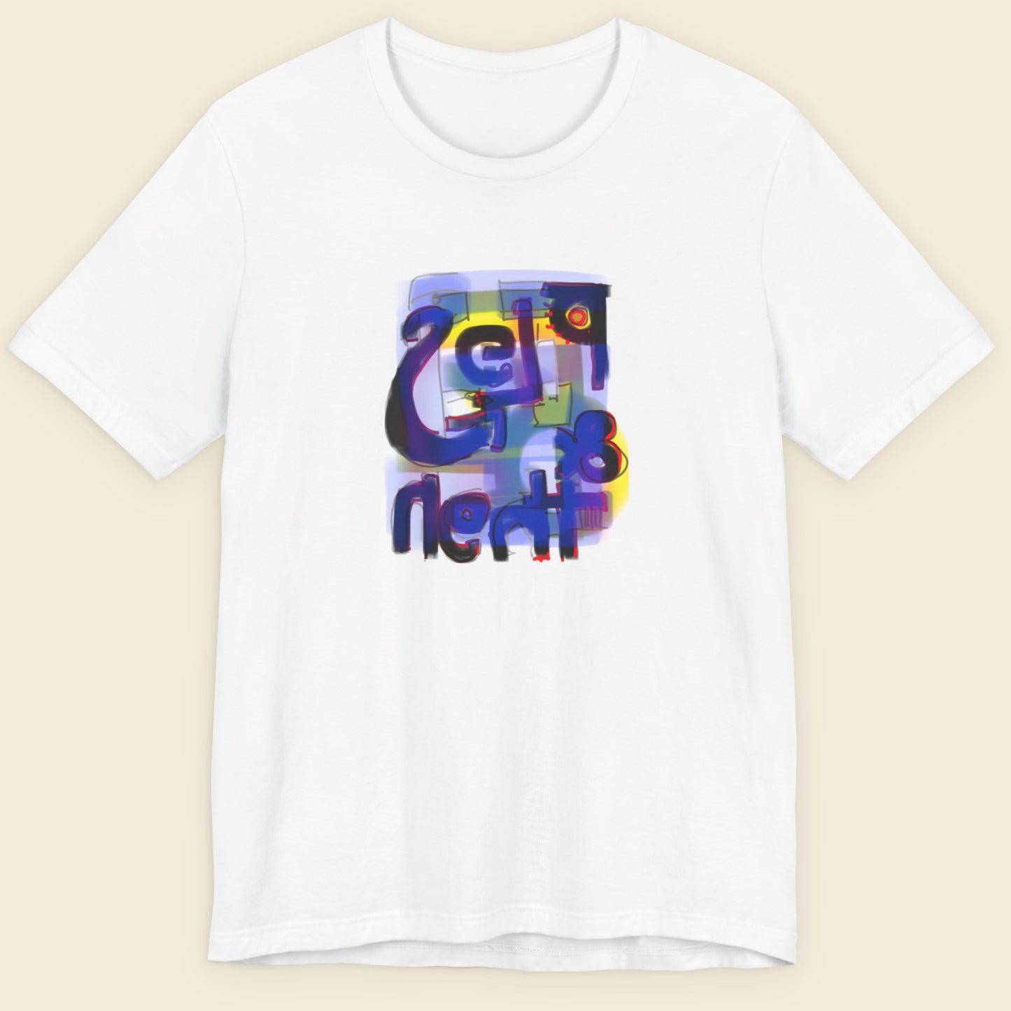 White t-shirt with a colorful abstract graffiti drawing on a beige background.