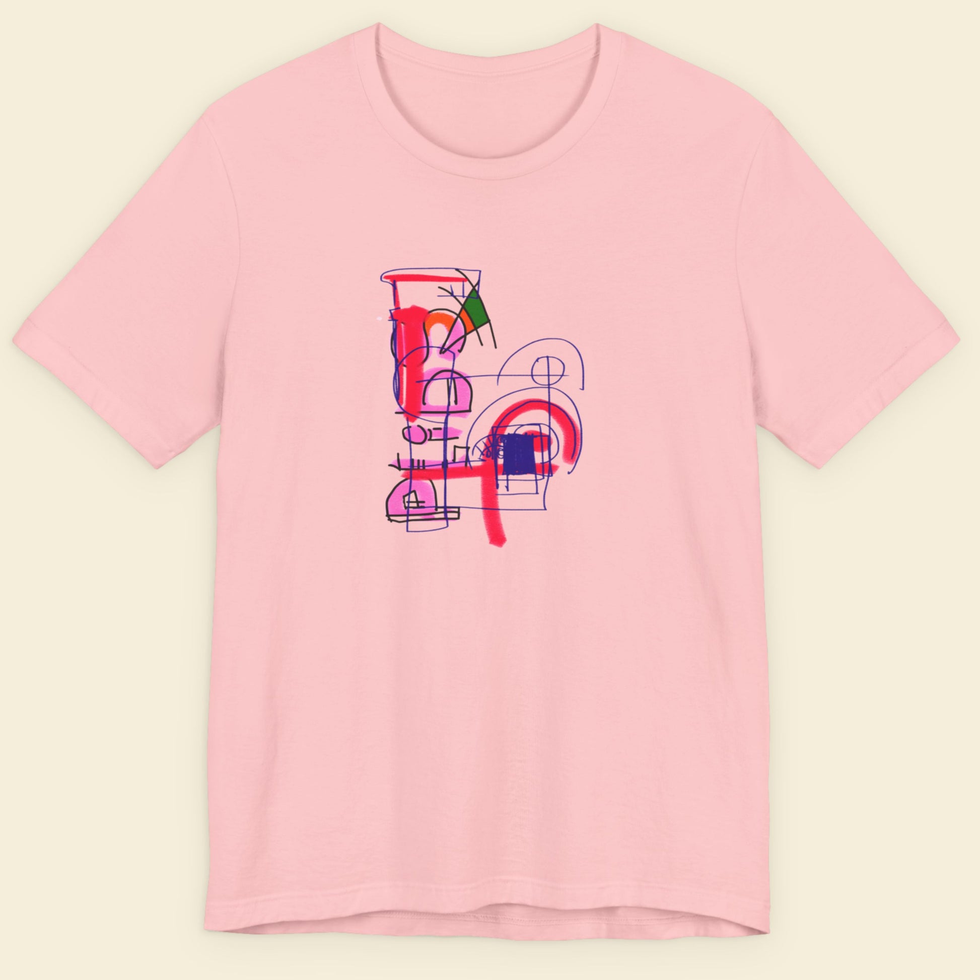 Pink t-shirt with a colorful abstract drawing on a beige background.