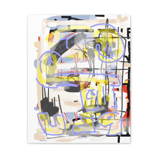 Abstract artwork with colorful shapes and graffiti text on a white background.