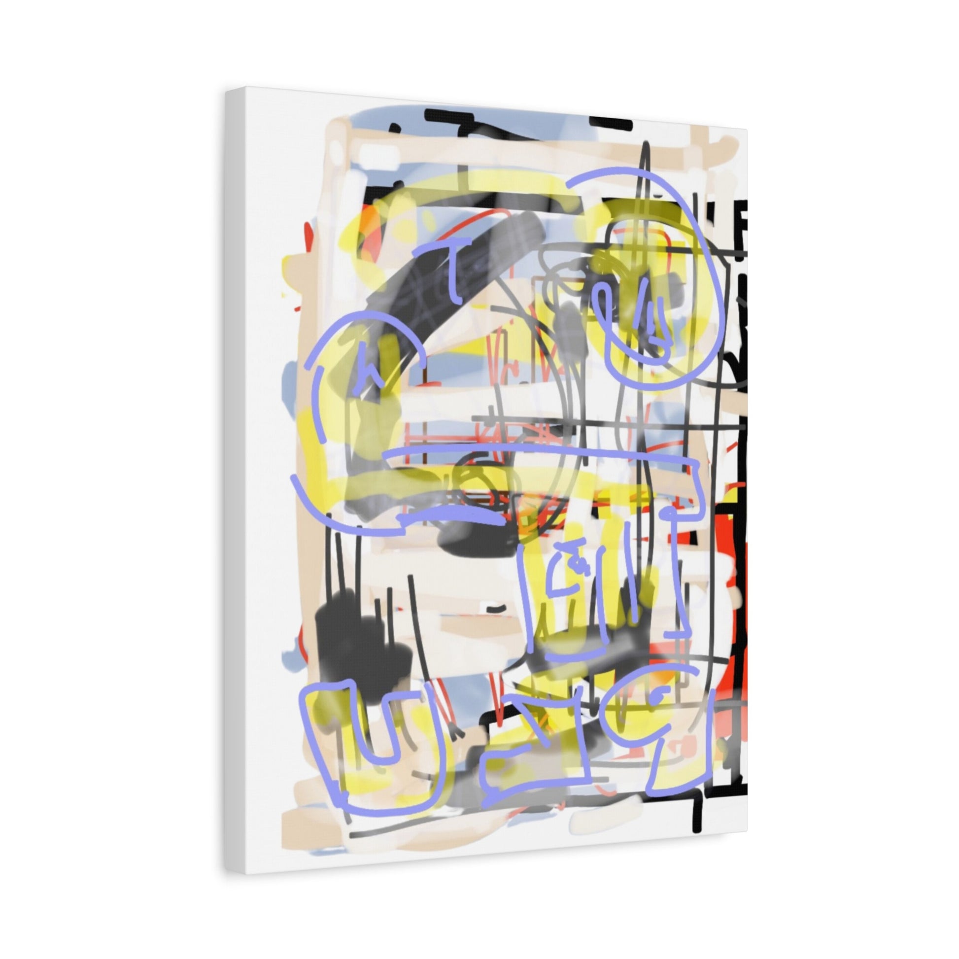 Abstract art piece at an angle with colorful shapes and graffiti text on a white background.