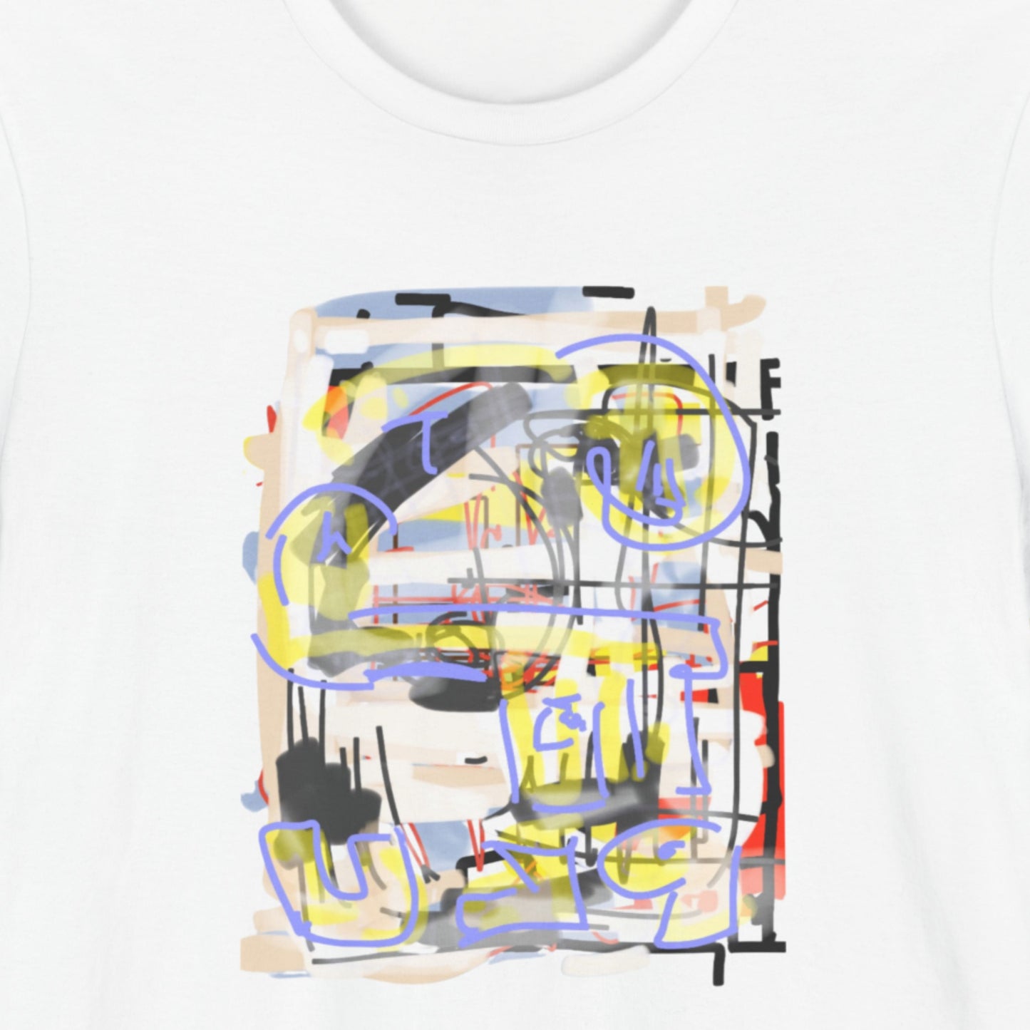 Abstract art design on a white t-shirt with colorful lines and shapes.
