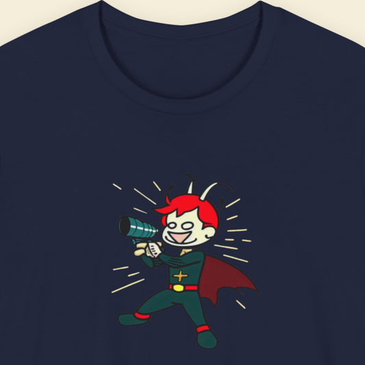 Navy blue t-shirt with a colorful cartoon illustration on a beige background.