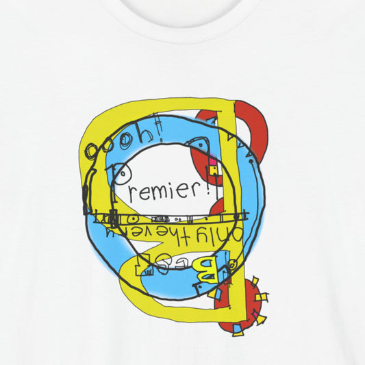 white t-shirt with a colorful abstract drawing on a beige background.