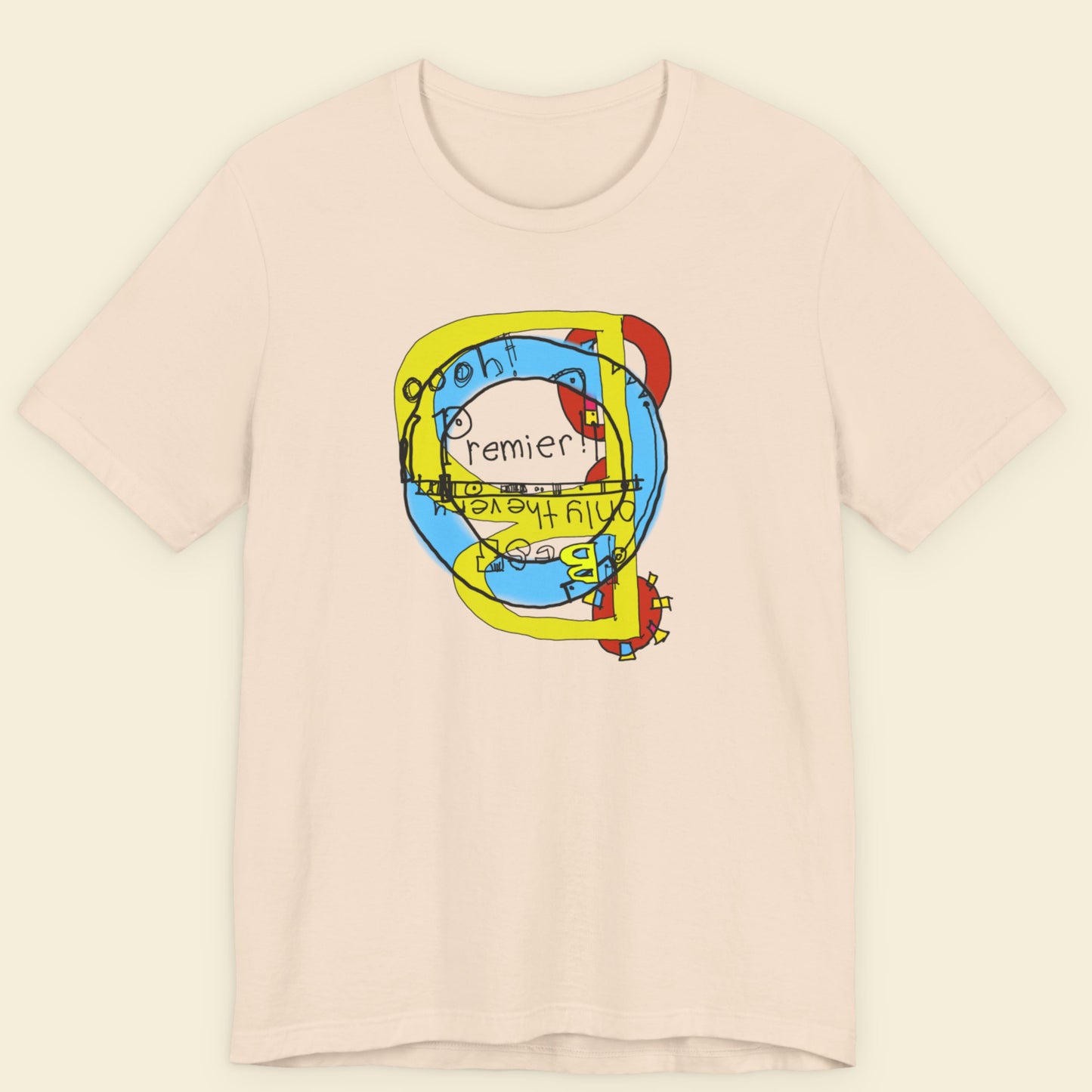beige t-shirt with a colorful abstract drawing on a beige background.