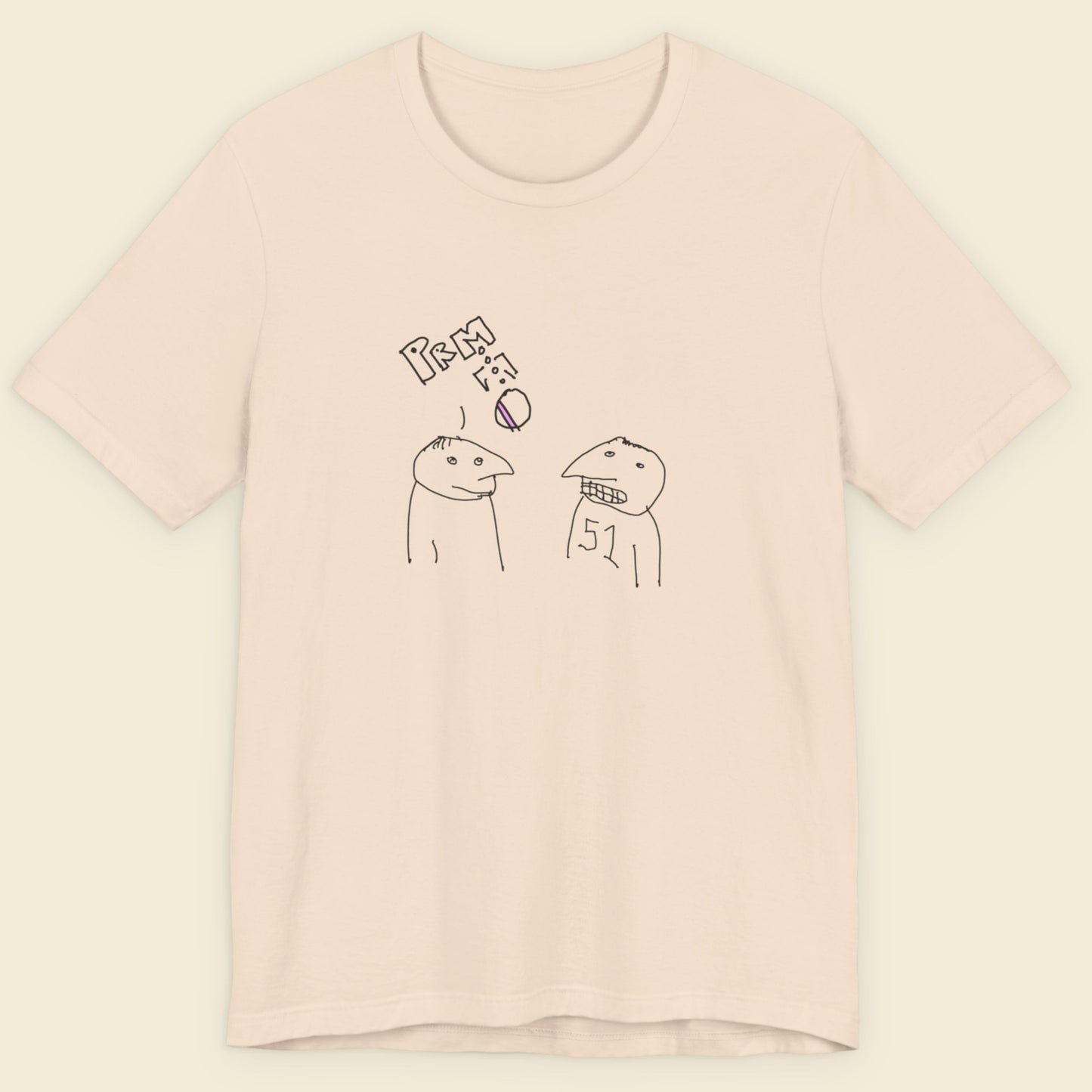 Beige t-shirt with a colorful abstract drawing on a beige background.