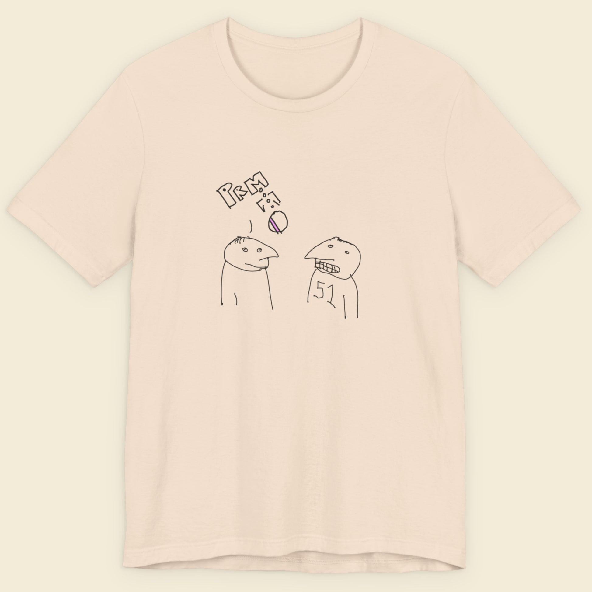 Beige t-shirt with a colorful abstract drawing on a beige background.