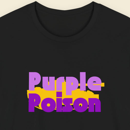 Black t-shirt with humorous colorful text on a beige background.