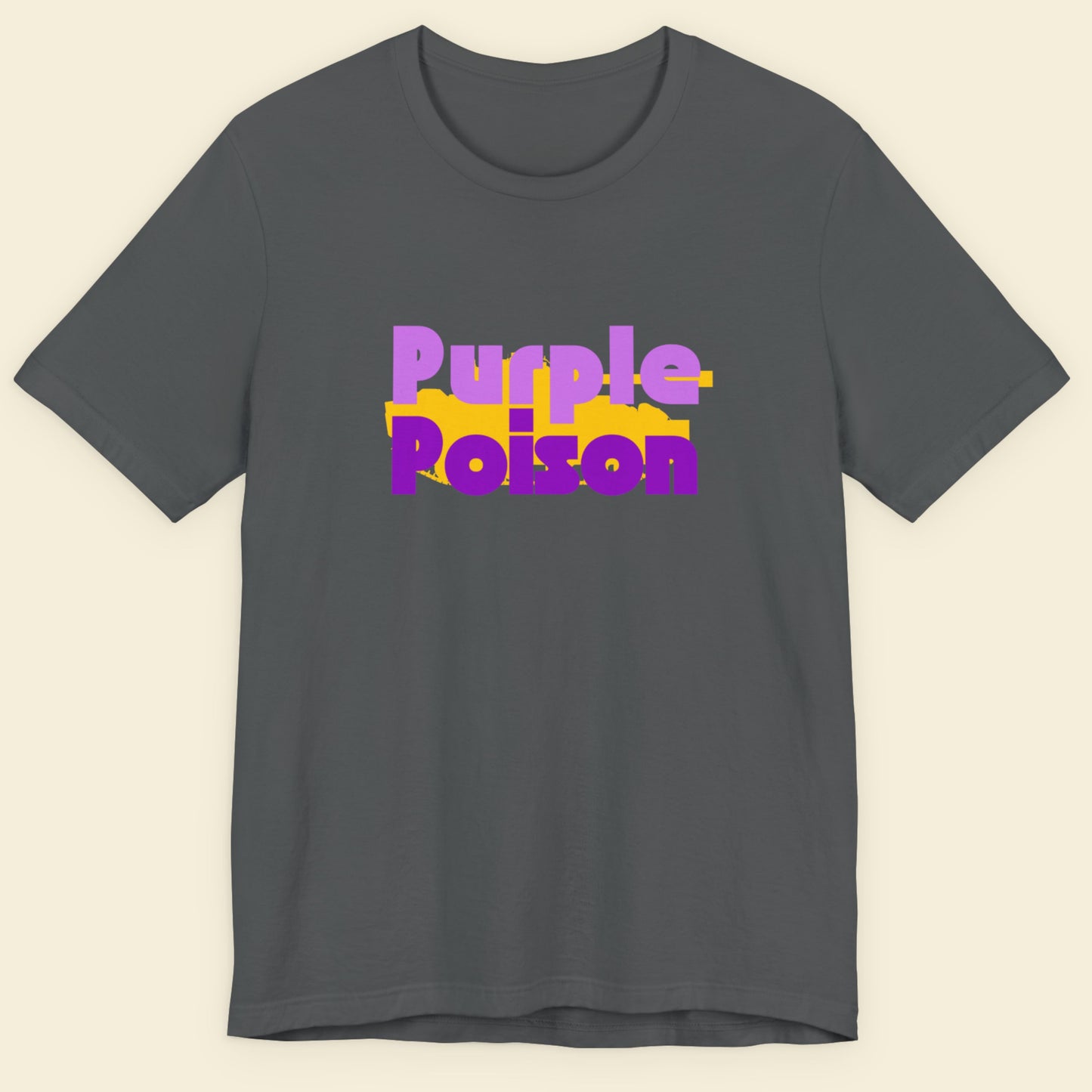 Gray t-shirt with 'Purple Poison' text in purple and yellow on a beige background.
