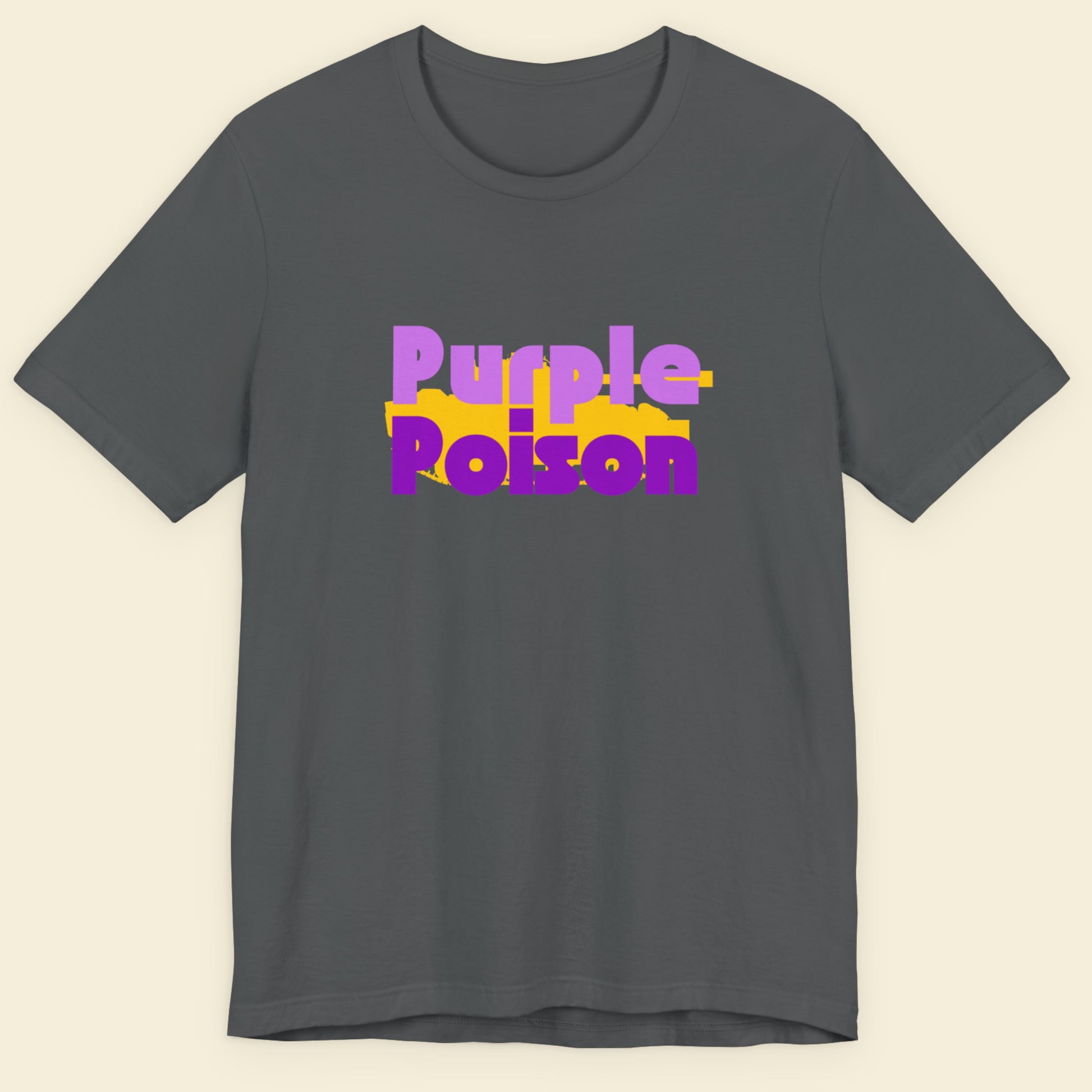 Gray t-shirt with 'Purple Poison' text in purple and yellow on a beige background.