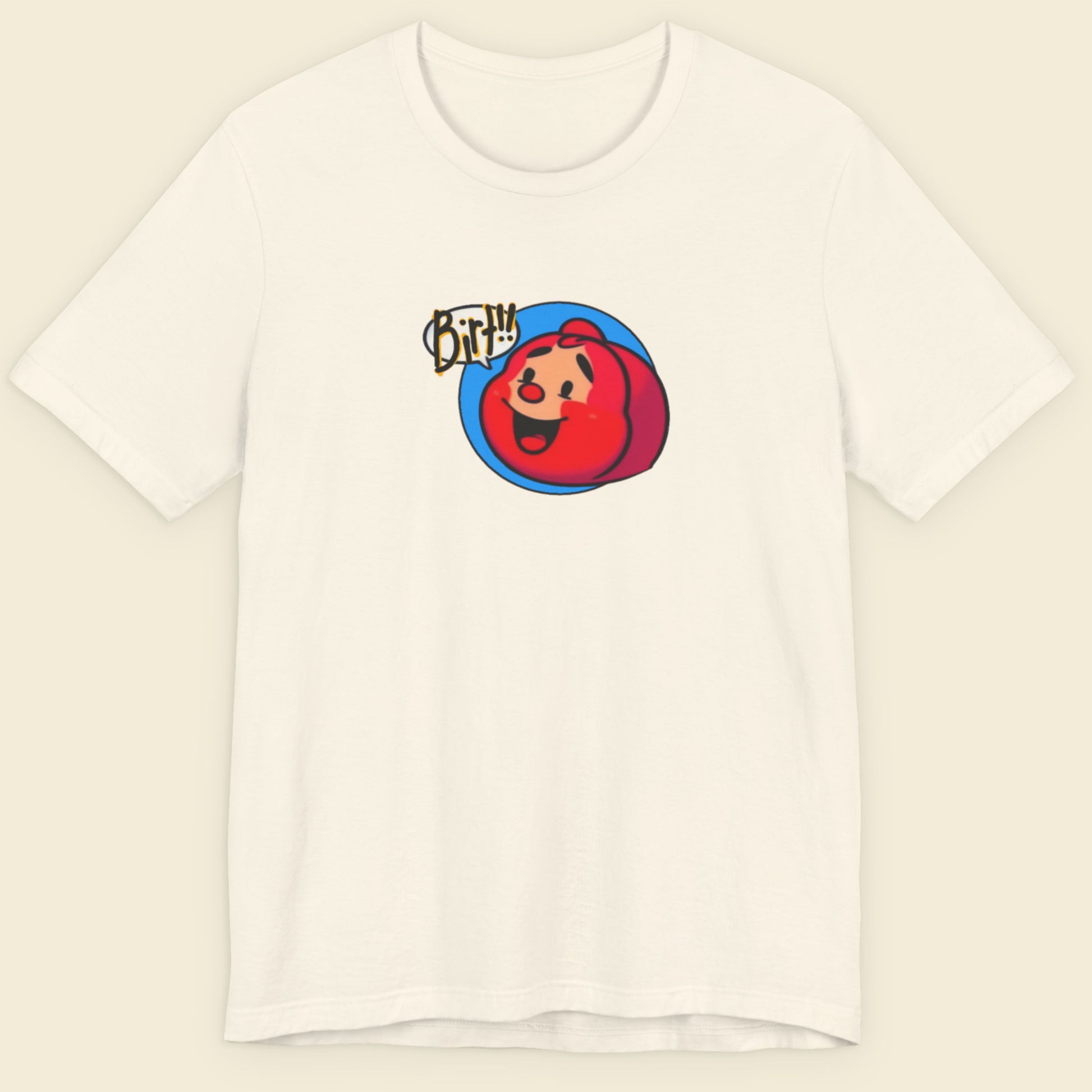 Off-White t-shirt with a fun, colorful cartoon illustration on a beige background.