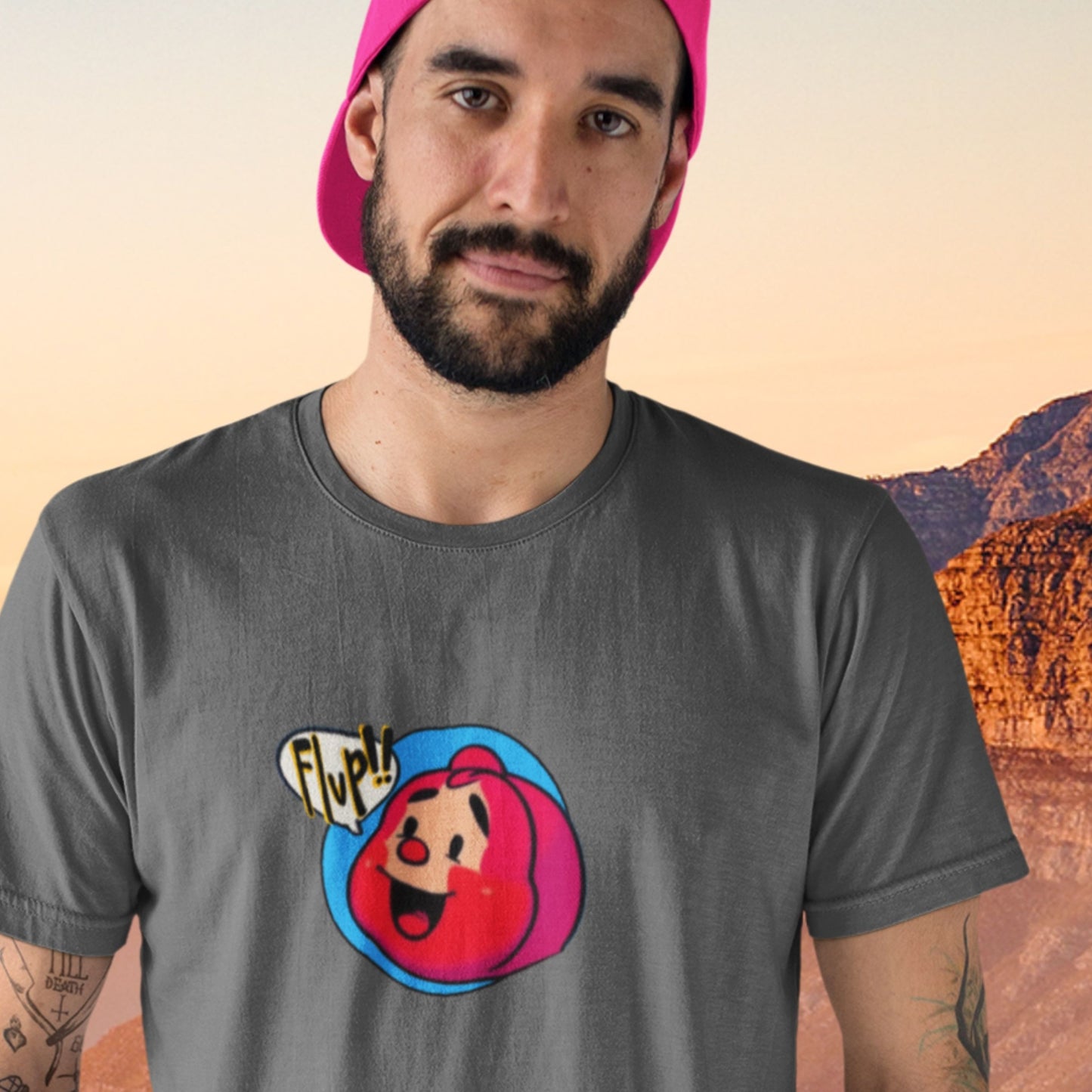 Dismissive man wearing a grey shirt with a fun, colorful RedHead cartoon illustration on the surface of Mars.