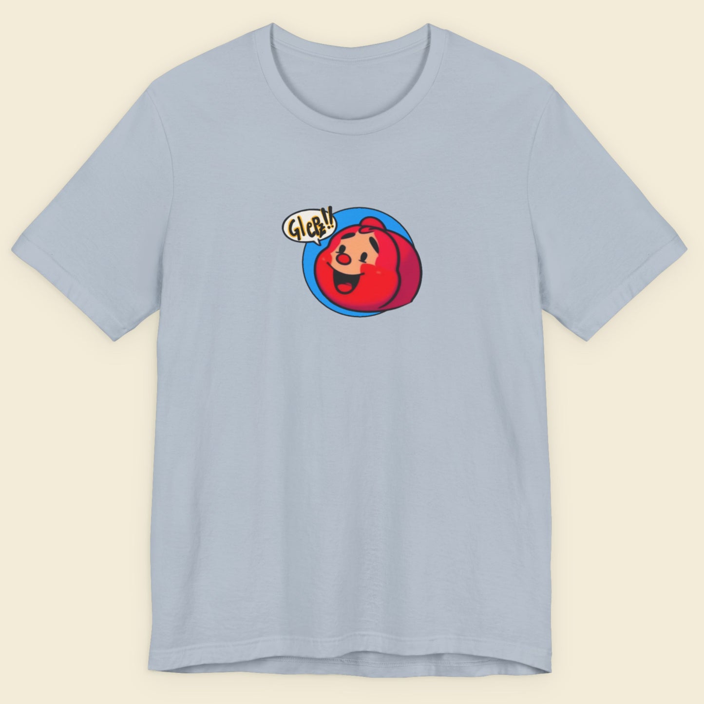 Light blue t-shirt with a fun, colorful Red Head cartoon illustration on a beige background.
