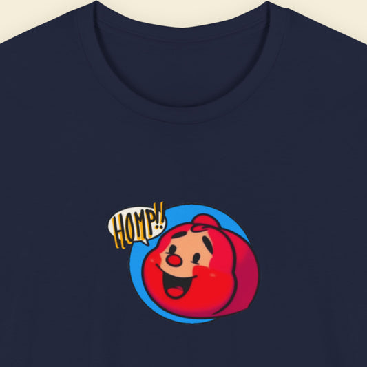 Navy blue t-shirt with a fun, colorful cartoon illustration on a beige background.