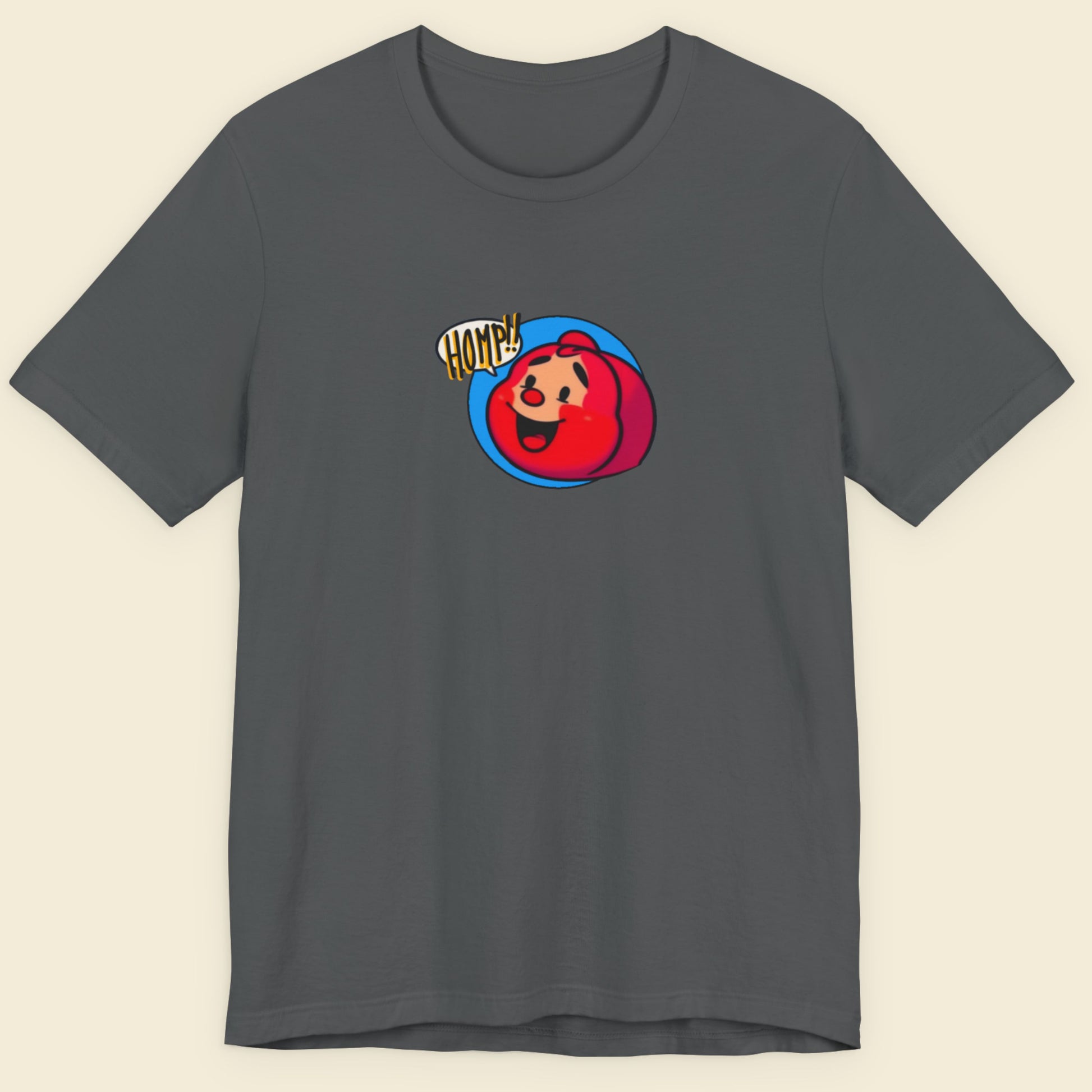 Gray t-shirt with a colorful graphic design on a beige background