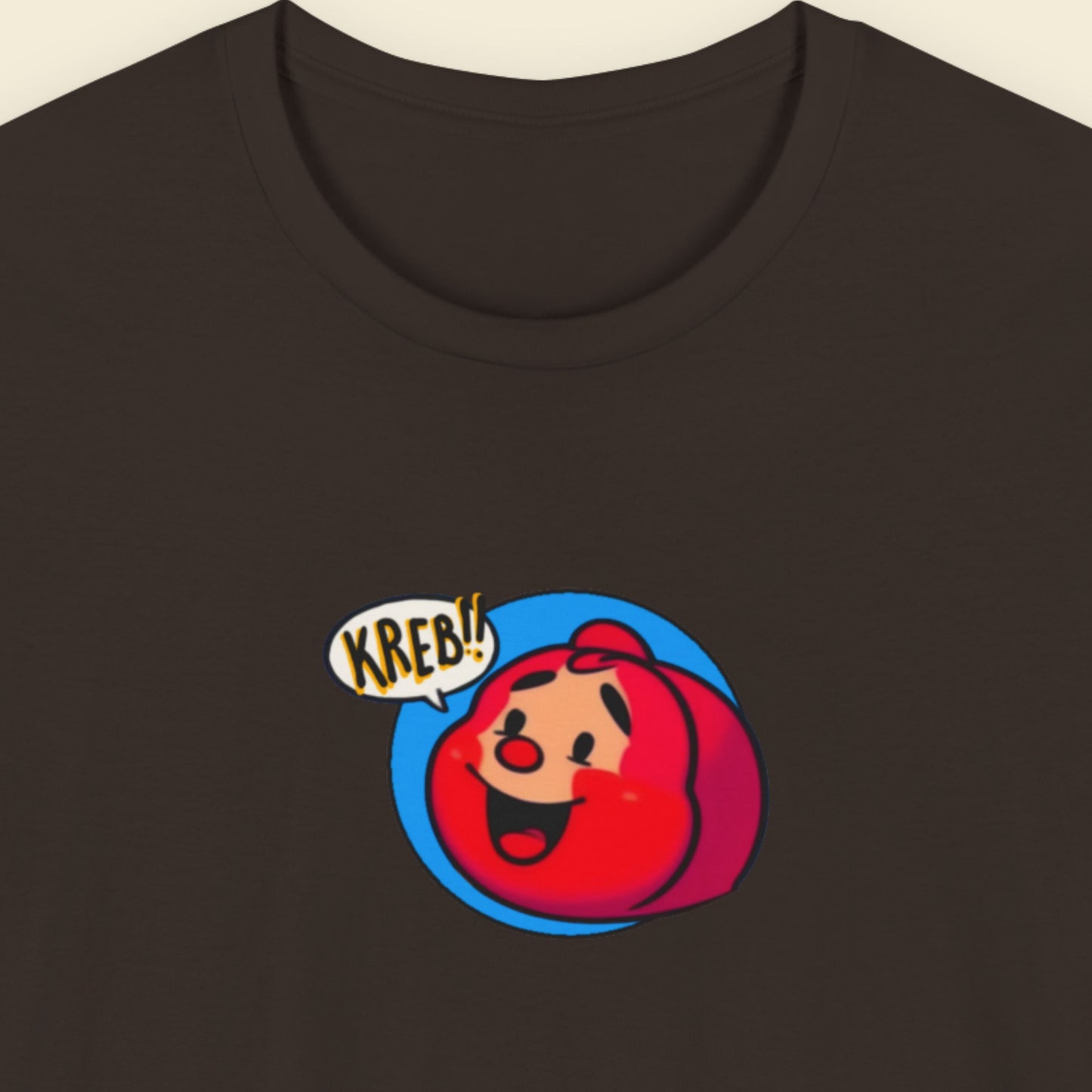 Brown t-shirt with a fun, colorful cartoon illustration on a beige background.