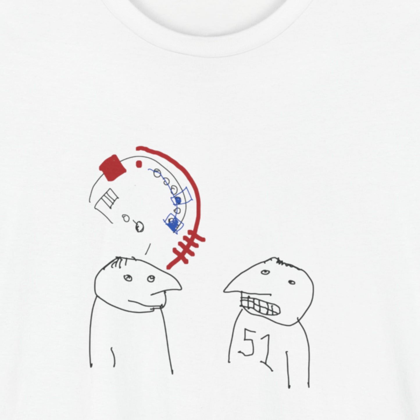 White t-shirt with a colorful abstract drawing.