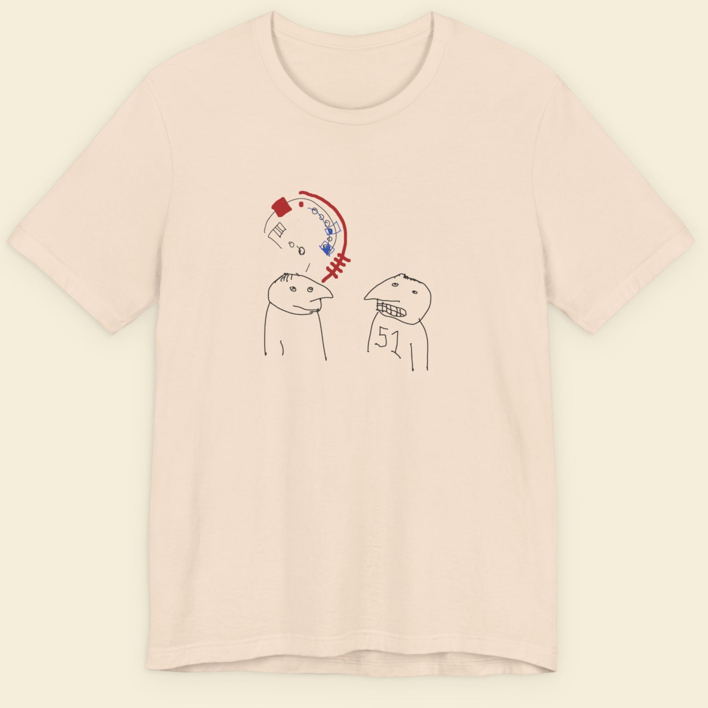 Beige t-shirt with a colorful abstract drawing on a beige background.