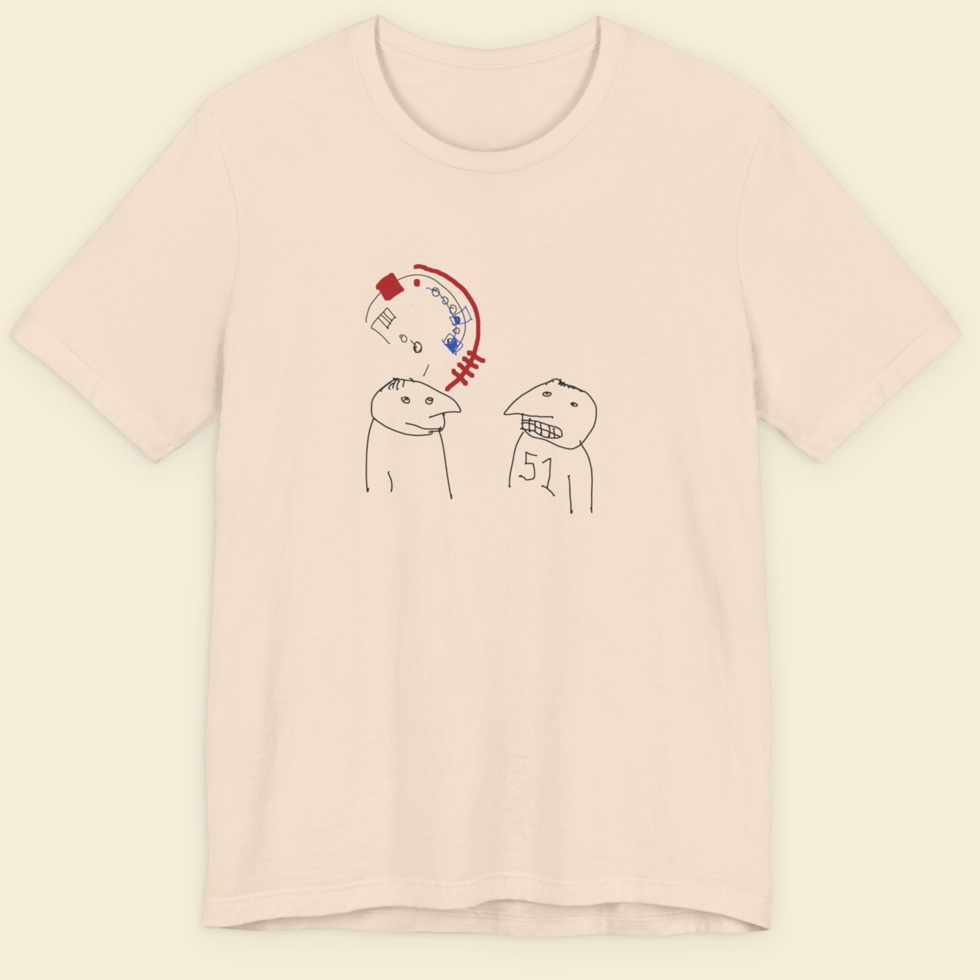 Beige t-shirt with a colorful abstract drawing on a beige background.