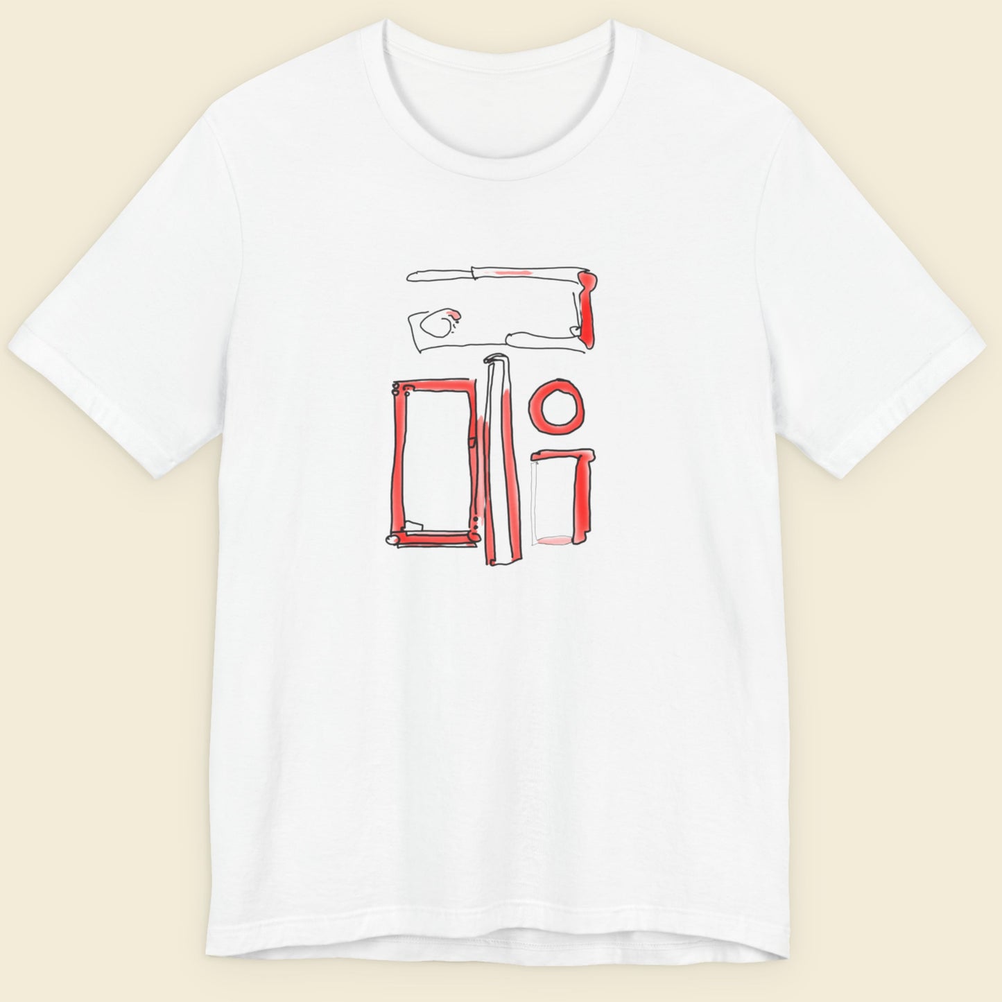 White t-shirt with a colorful abstract drawing on a beige background.
