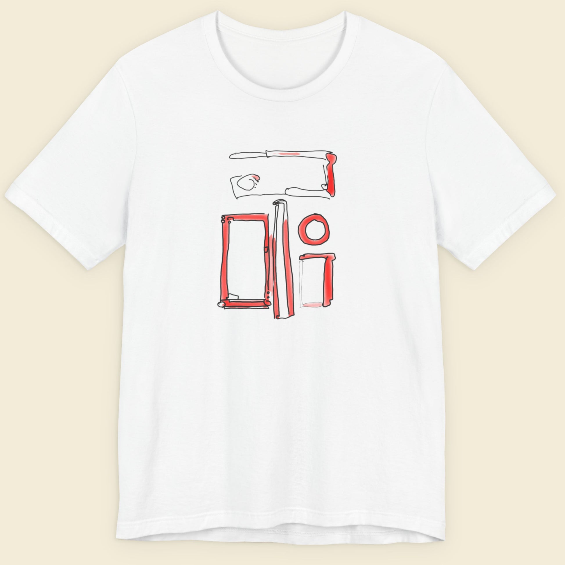 White t-shirt with a colorful abstract drawing on a beige background.