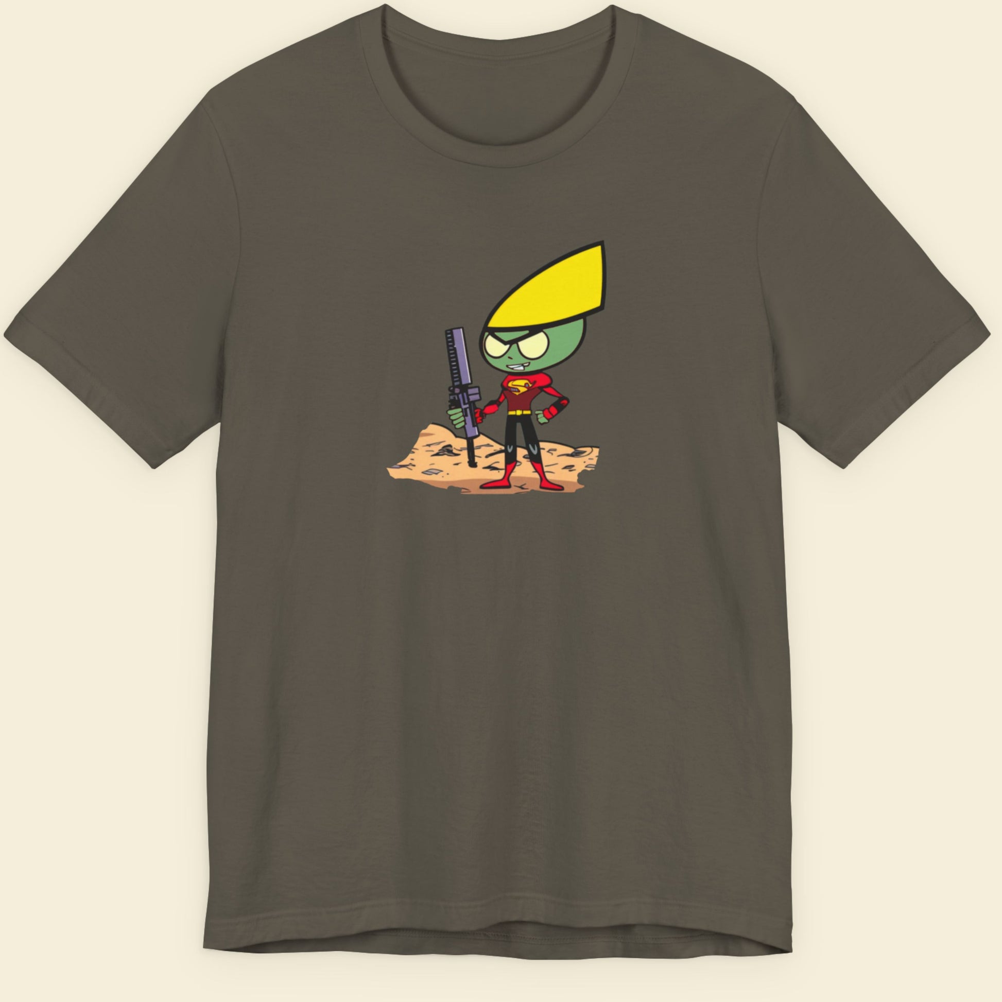 Army green shirt with a fun, colorful cartoon illustration on a beige background.