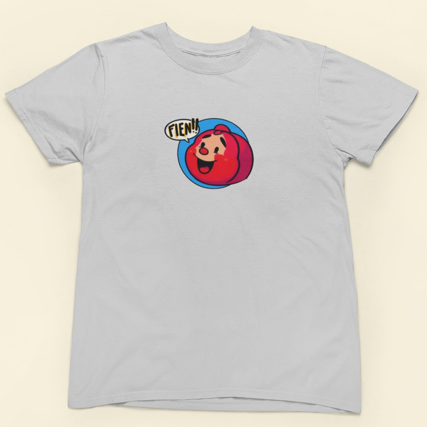 Light grey shirt with a cartoon person shouting FLEN!!