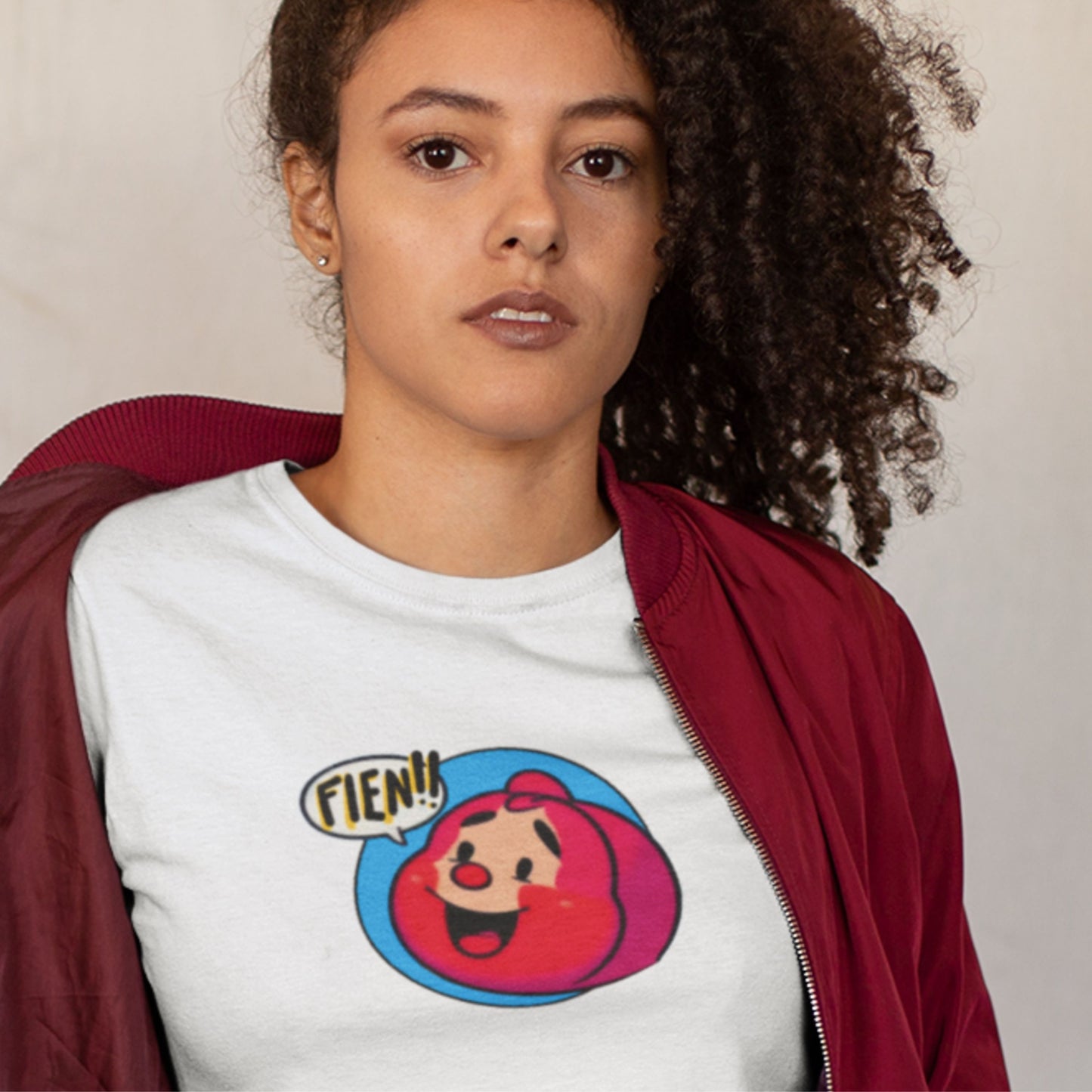 White shirt with a cartoon person shouting FLEN!! worn by a model