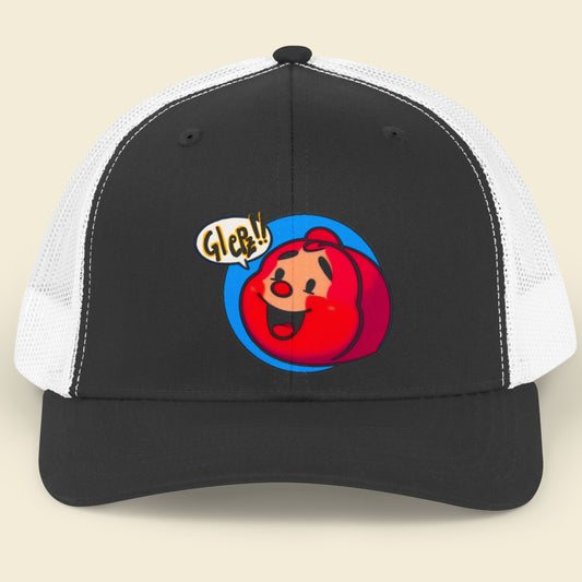 Black and white cap with a red character design and 'Glepz!!' text on a beige background.