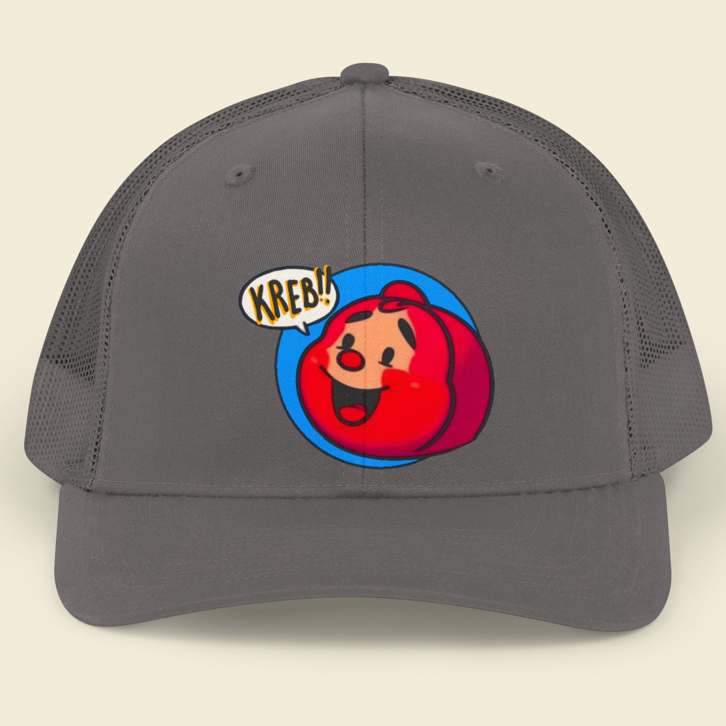 Gray cap with a red character and 'KREB!!' text on a beige background.