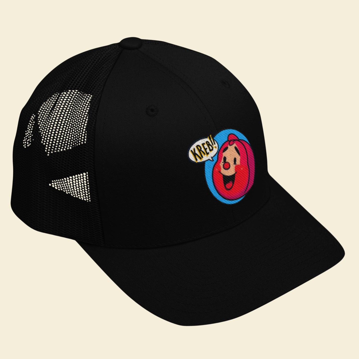 Black cap with a colorful cartoon character logo on a beige background.