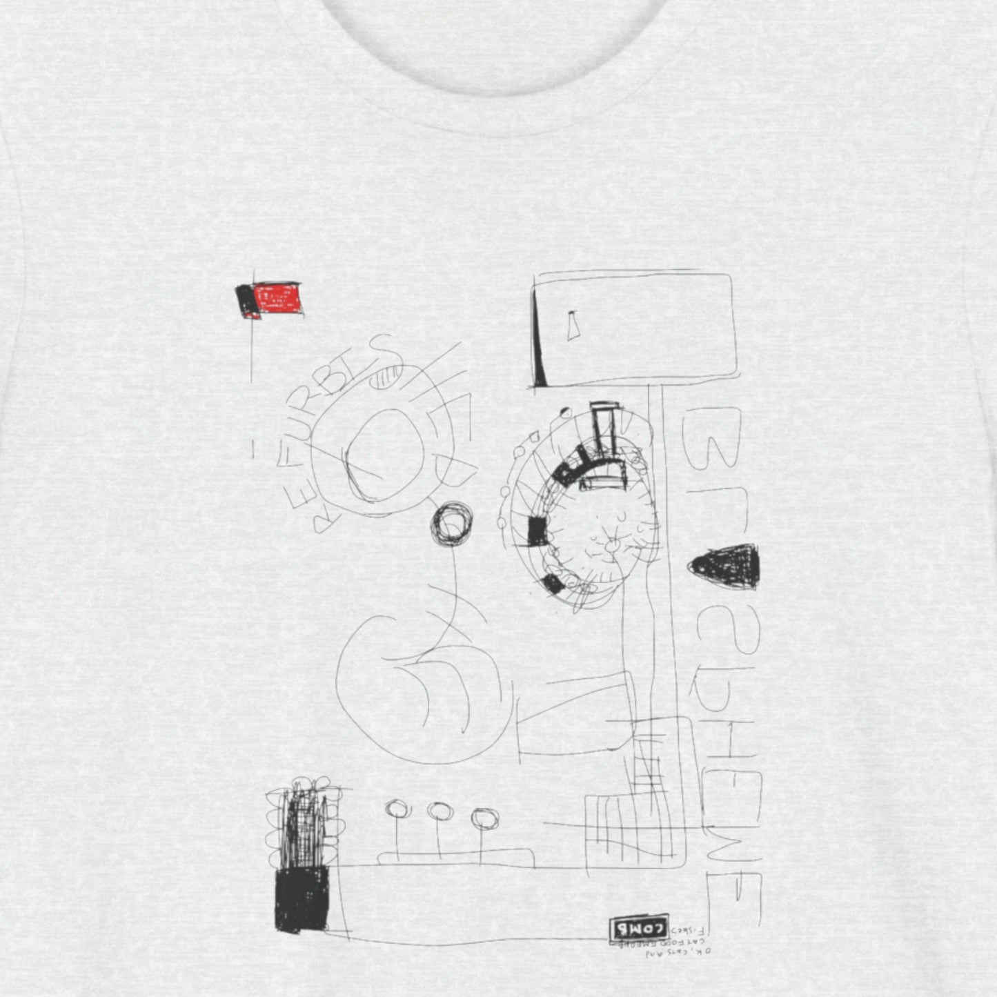 Ash grey t-shirt with a colorful abstract drawing on a beige background.